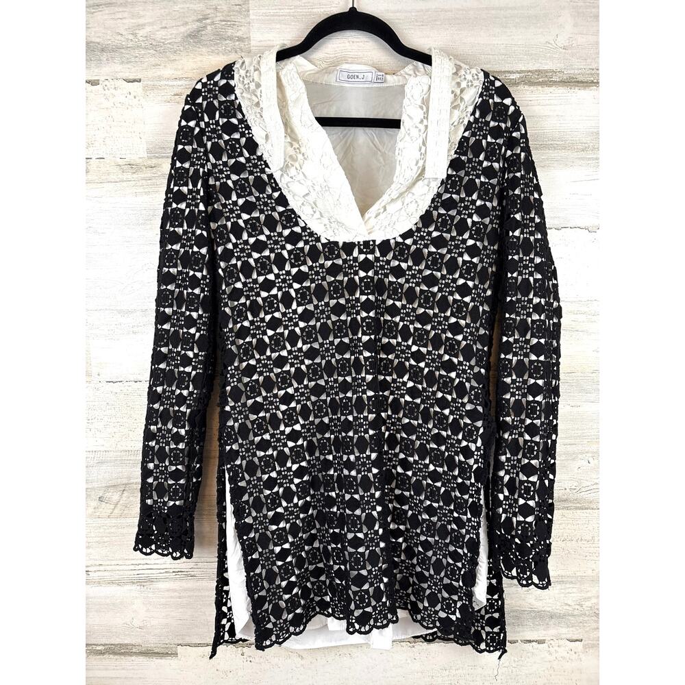 Goen Womens 4 Black White Crochet Lace Shirt Mini Dress Designer Luxe